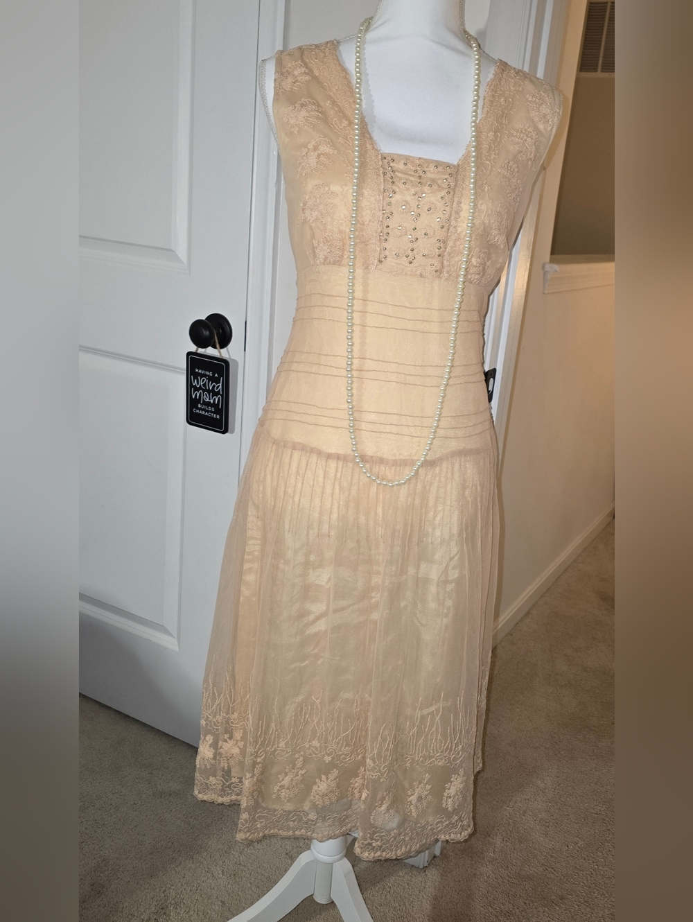 Odille By Anthropologie Peachy/champagne Lace & Beaded Sleeveless Midi Dress 4